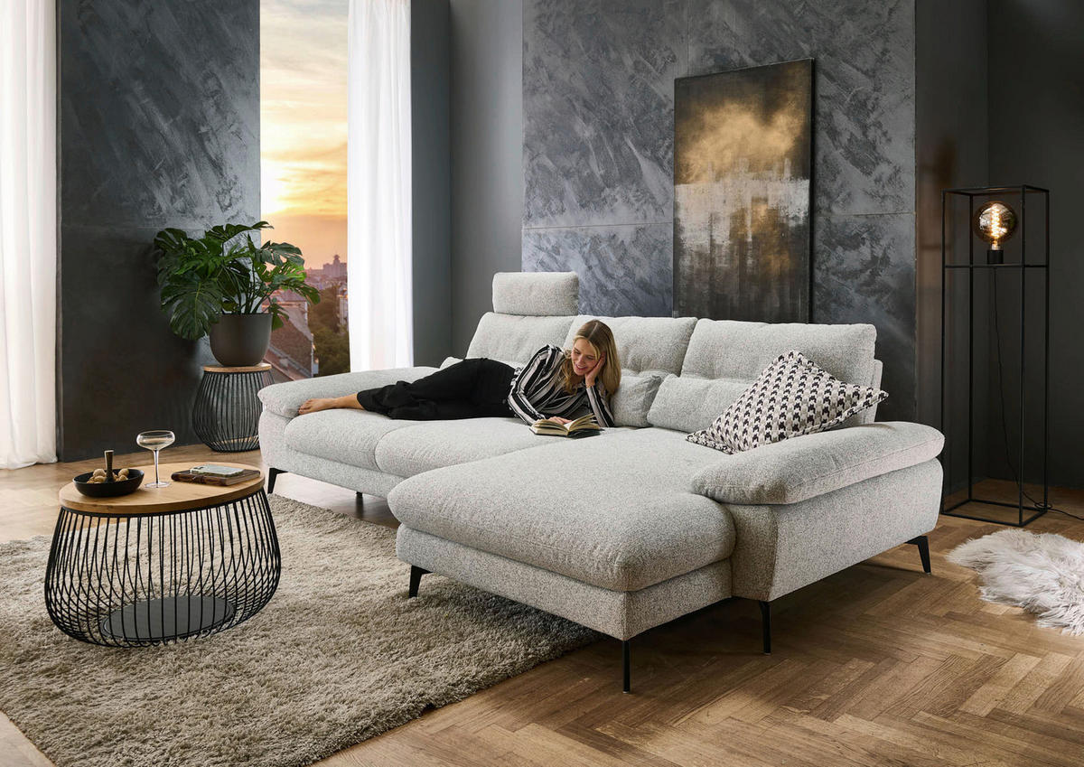 ECKSOFA Hellgrau Flachgewebe  - Hellgrau/Schwarz, Design, Textil/Metall (303/168cm) - Valdera