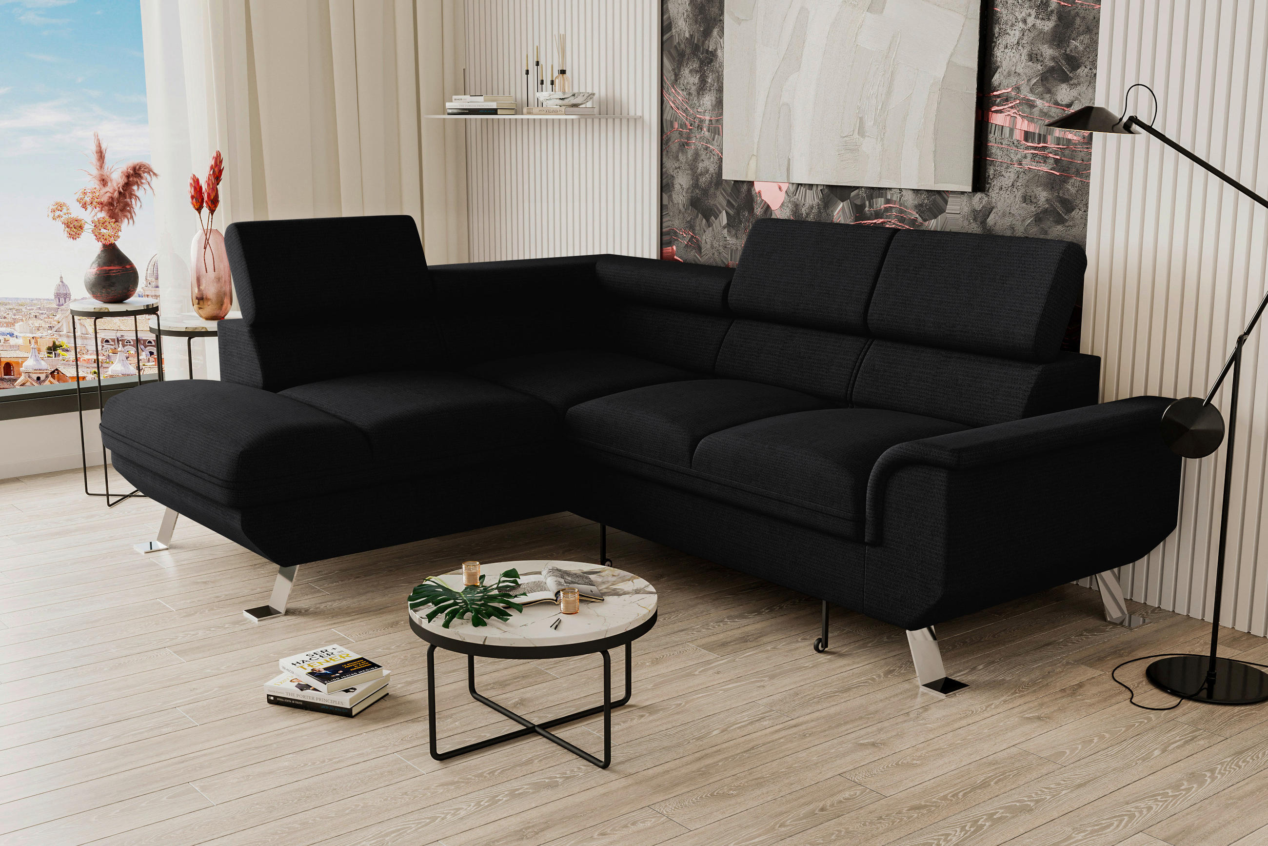 ECKSOFA in Struktur Schwarz  - Silberfarben/Schwarz, Konventionell, Textil/Metall (207/268cm) - MID.YOU