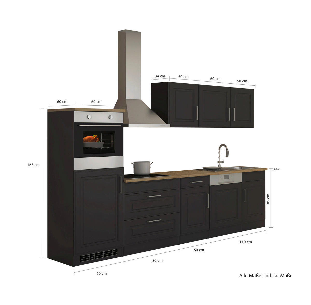 KÜCHENBLOCK 300 cm   in Graphitfarben, Sonoma Eiche  - Alufarben/Graphitfarben, Modern, Holzwerkstoff/Metall (300cm) - Held
