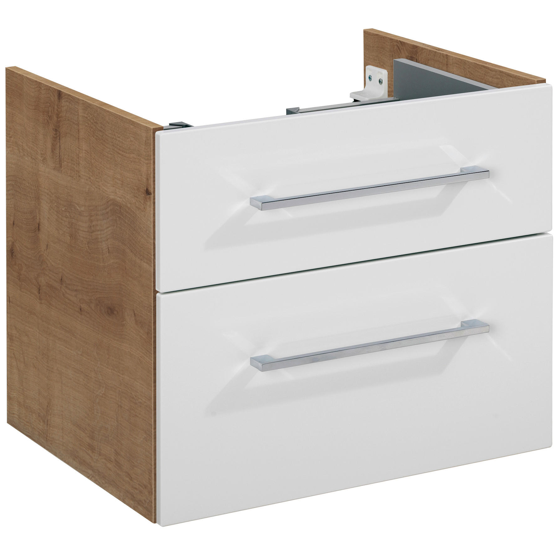 Voleo Waschtischunterschrank Lara Eiche, Chrom, Weiß Hochglanz 60x48.8x50.9 cm