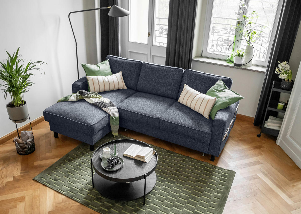 ECKSOFA in Struktur Dunkelblau  - Schwarz/Dunkelblau, Holz/Textil (148/228cm) - MID.YOU