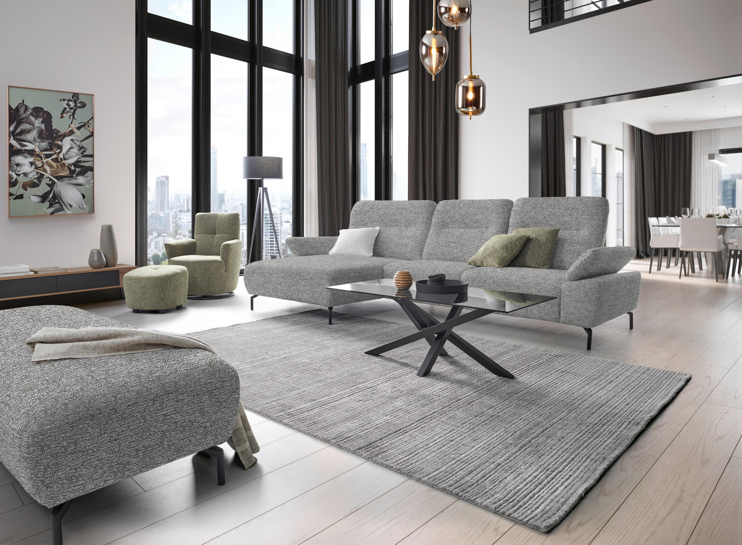 ECKSOFA in Chenille, Flachgewebe Hellgrau  165/318 cm  - Hellgrau/Schwarz, Design, Textil/Metall (165/318cm) - Xora