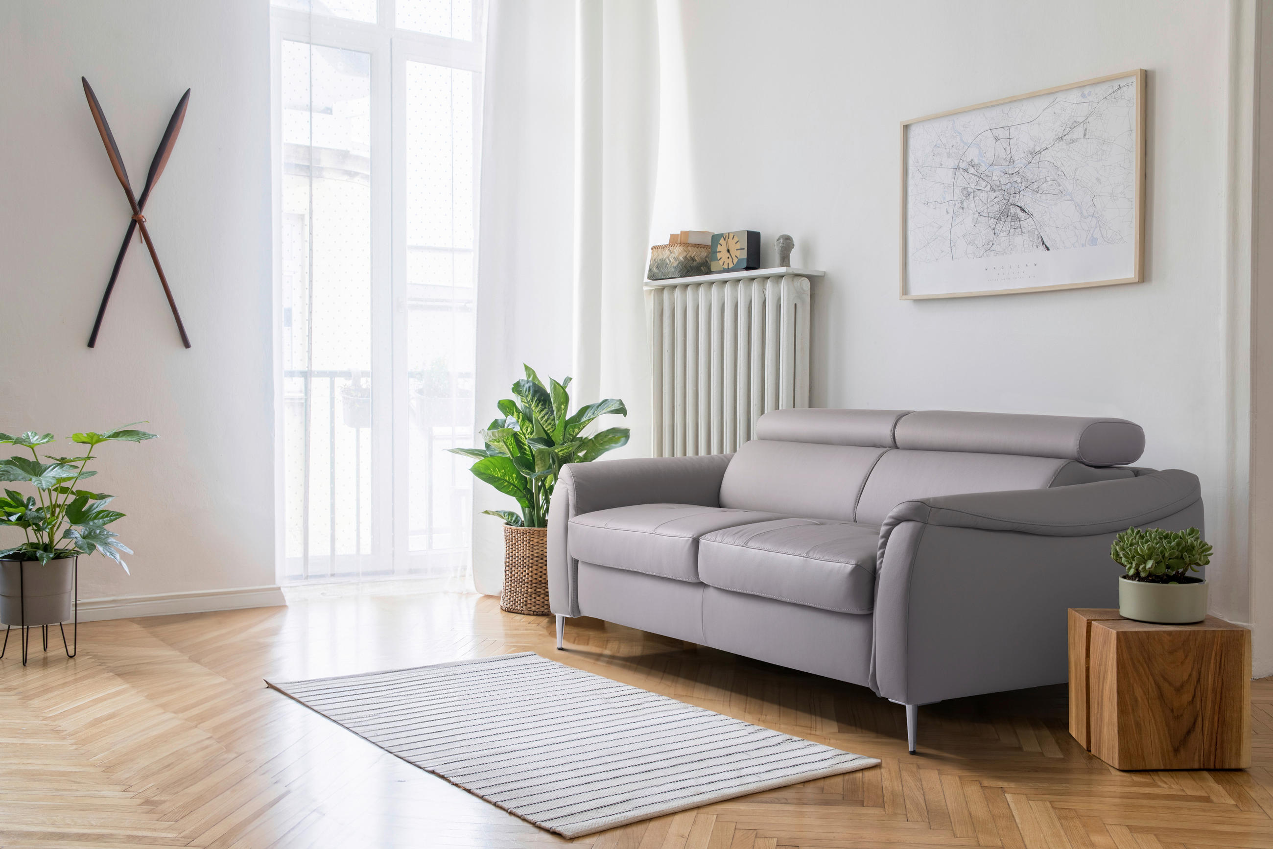 SCHLAFSOFA in Echtleder Hellgrau  - Hellgrau, Design, Leder/Metall (203/77-98/103cm) - MID.YOU