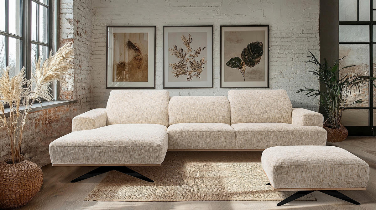 ECKSOFA PORTLAND in Struktur Beige Kopfteilverstellung  187/295 cm  - Beige/Schwarz, Design, Holz/Textil (187/295cm) - Livetastic