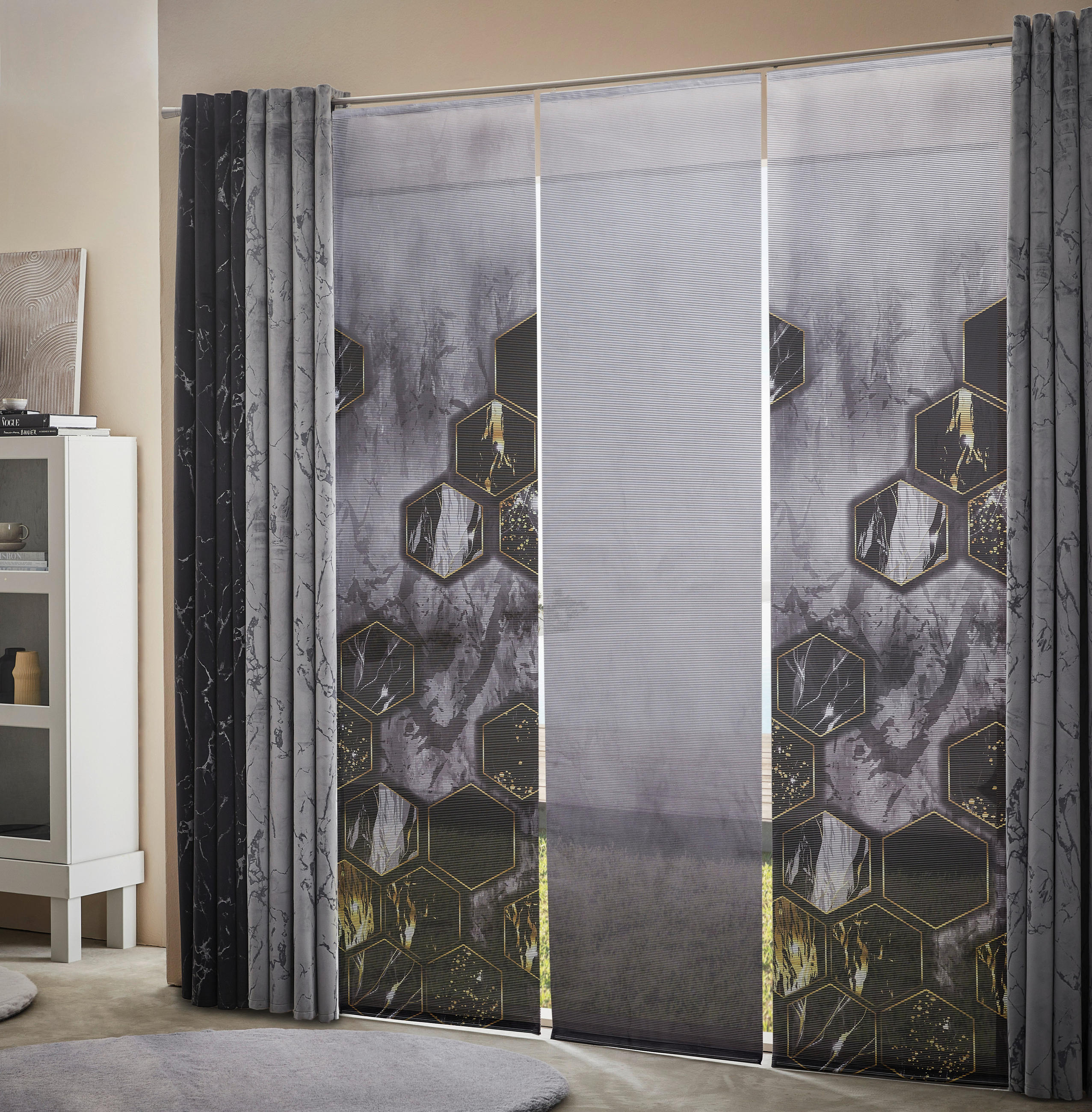 Thumbnail - Novel Flächenvorhang Miracle, Anthrazit, Textil, Marmoroptik, 60x245 cm, mit Flauschband, ohne Technik, Wohntextilien, G...