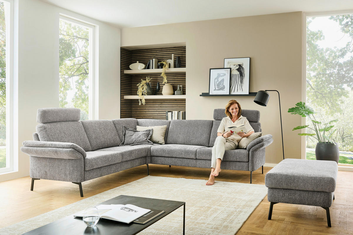 ECKSOFA Platinfarben Flachgewebe  - Platinfarben/Schwarz, KONVENTIONELL, Textil/Metall (253/273cm) - Pure Home Comfort