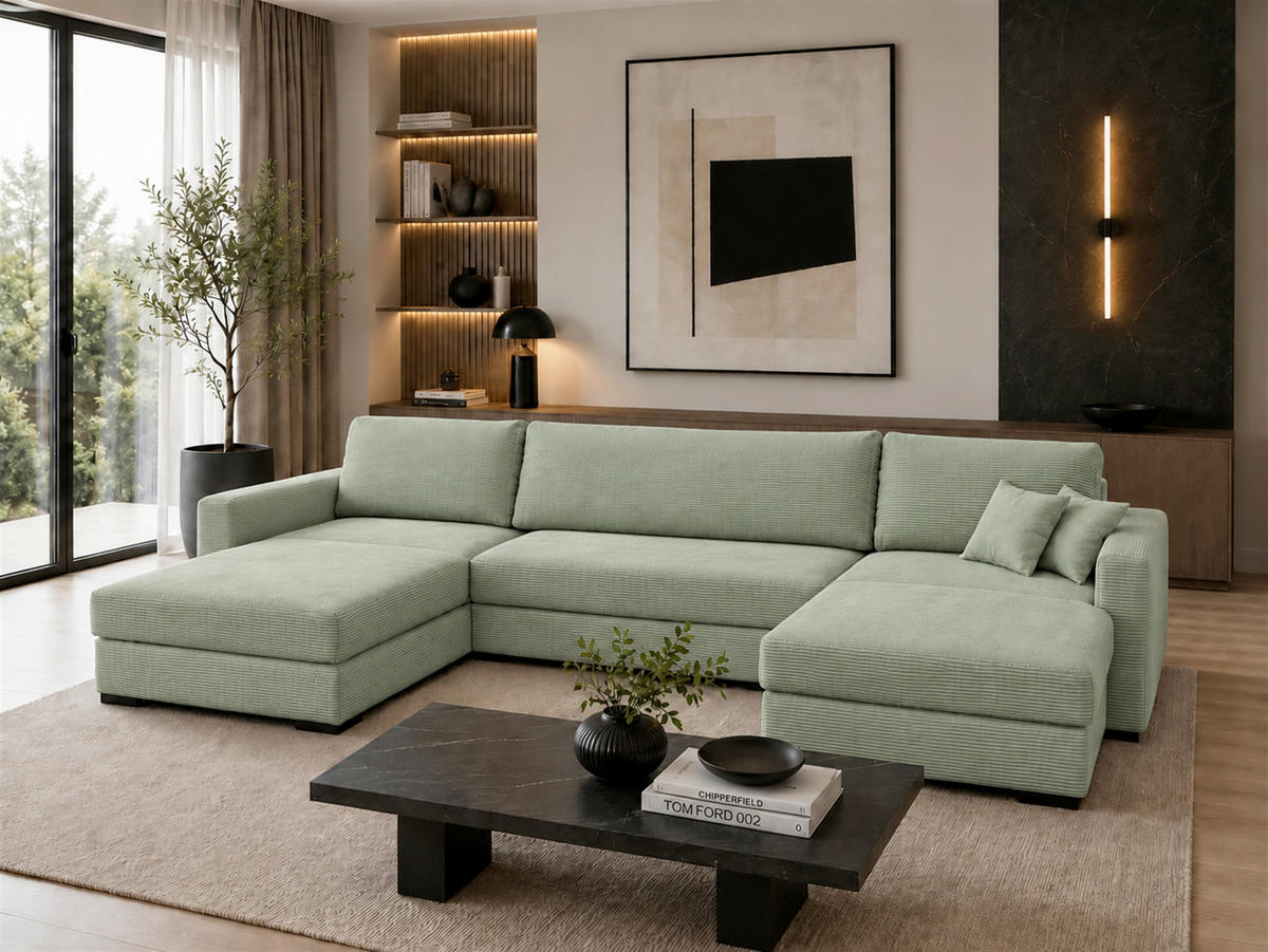 WOHNLANDSCHAFT  Cord Mintgrün  - Schwarz/Mintgrün, Basics, Holz/Holzwerkstoff (379/93/184cm) - MID.YOU