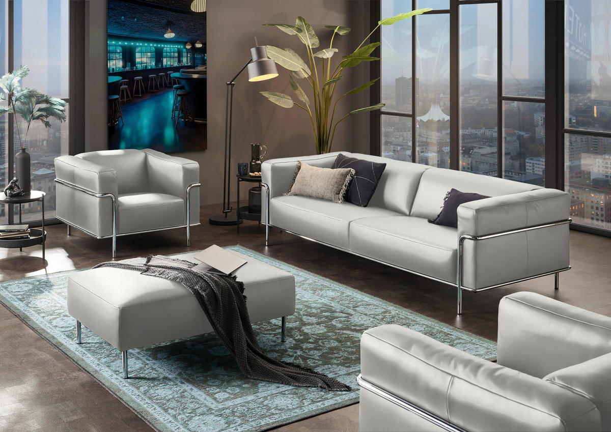 3-SITZER-SOFA in Echtleder Hellgrau  - Chromfarben/Hellgrau, Design, Leder/Metall (236/67/96cm) - Johann Jakob