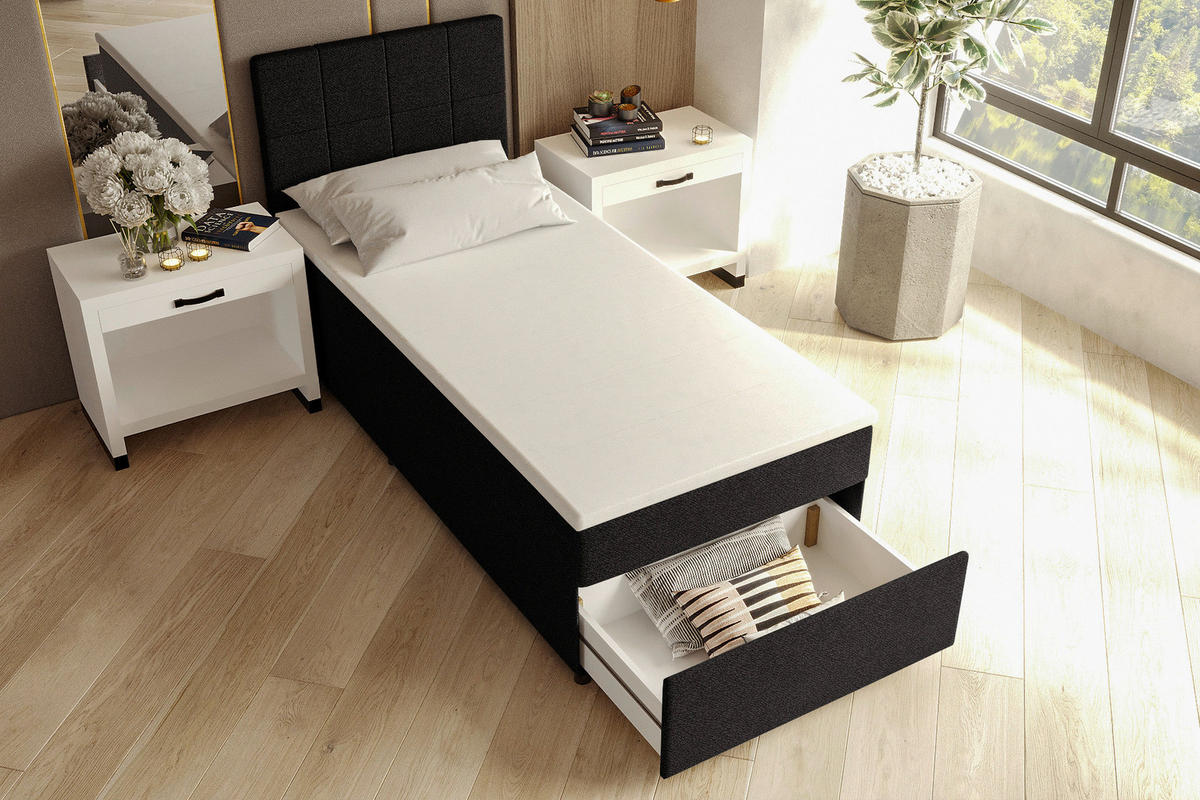 BOXBETT 90/200 cm,  in Schwarz, Matratze, Topper, Bettschublade, H3 = fest  - Schwarz, KONVENTIONELL, Kunststoff/Textil (90/200cm) - Boxxx