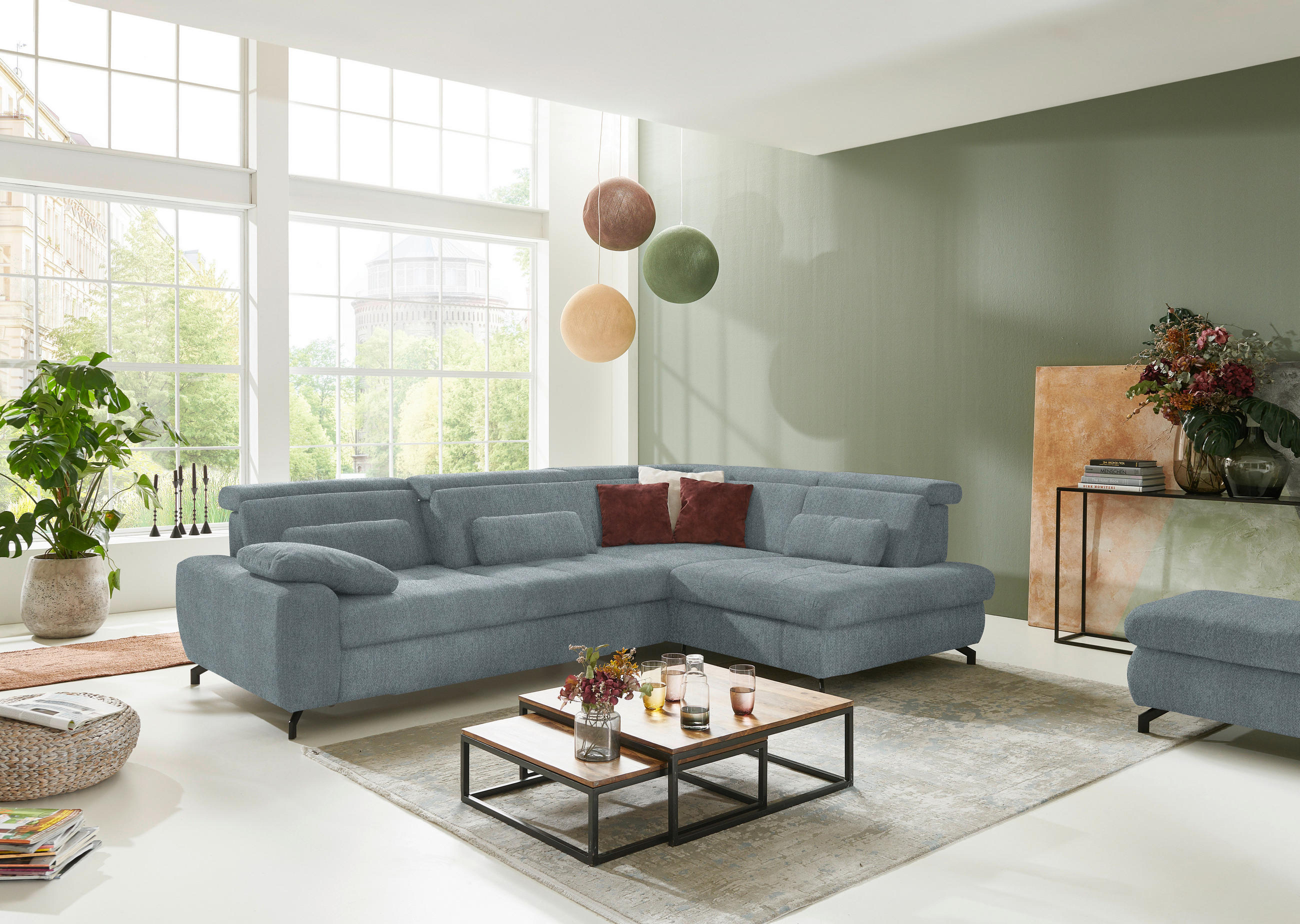 ECKSOFA in Chenille Blaugrau  - Blaugrau/Schwarz, Design, Textil/Metall (310/220cm) - Beldomo Style