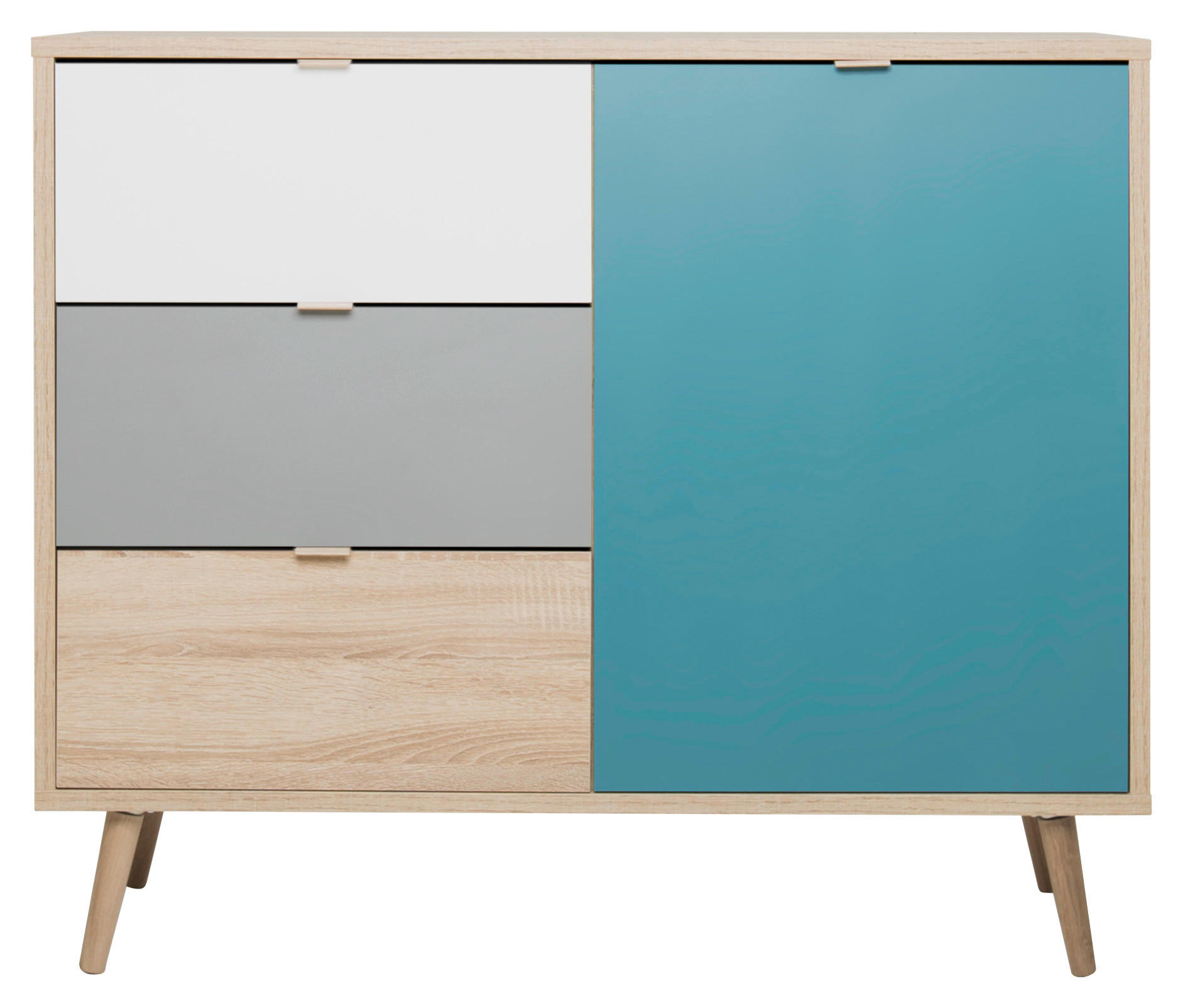 KOMODA  103/87/40 cm  siva, bela, boja hrasta, petrolej plava  - siva/boja hrasta, Trendi, pločasti materijal (103/87/40cm) - Carryhome