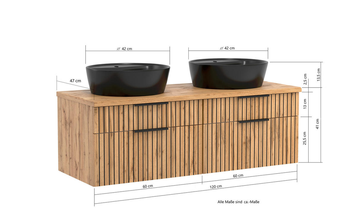 WASCHTISCHKOMBI 120 cm  - Eiche Wotan/Schwarz, MODERN, Holzwerkstoff/Stein (120cm) - Held