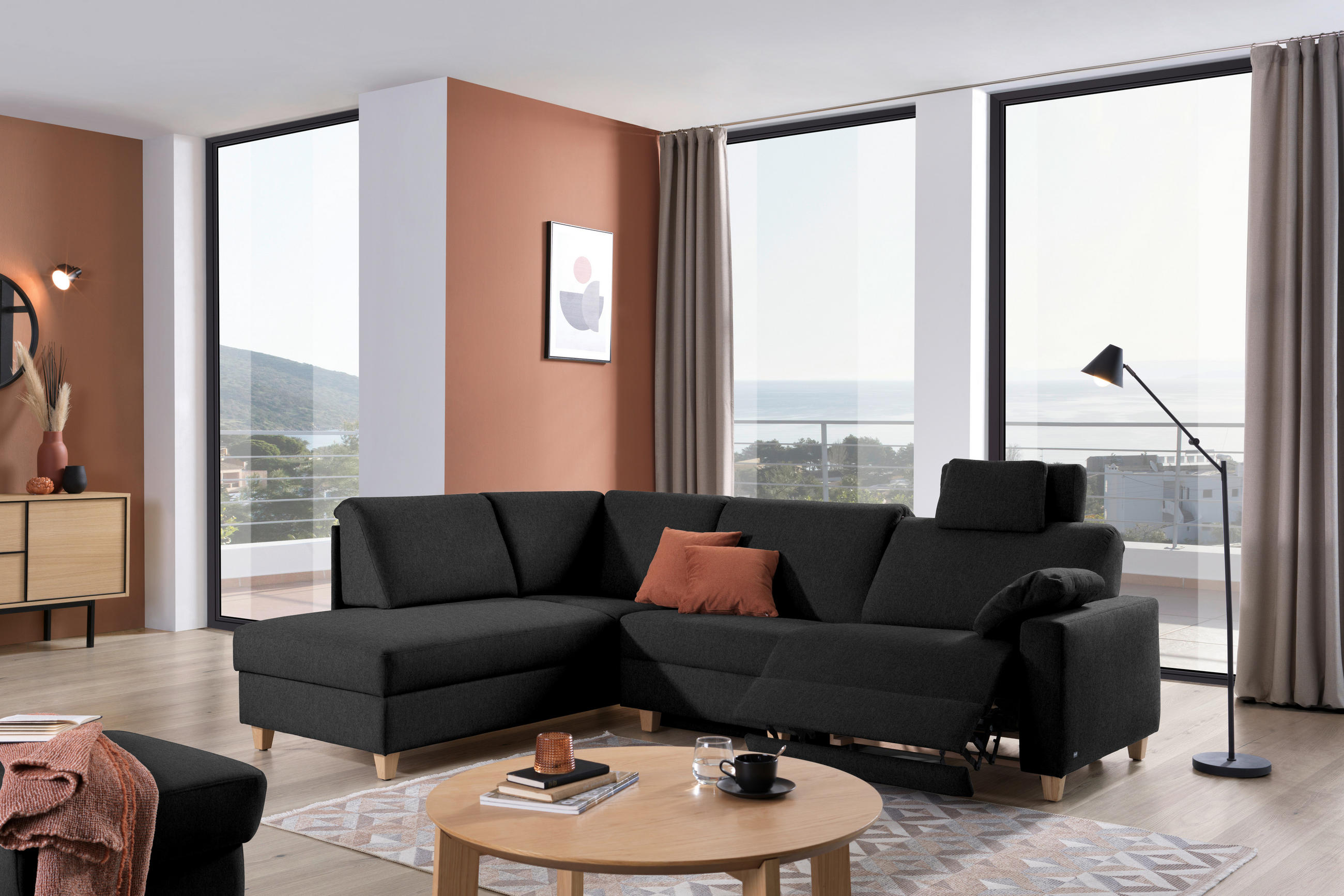 ECKSOFA  in Flachgewebe Anthrazit  203/261 cm  - Eichefarben/Anthrazit, KONVENTIONELL, Holz/Textil (203/261cm) - Sedda