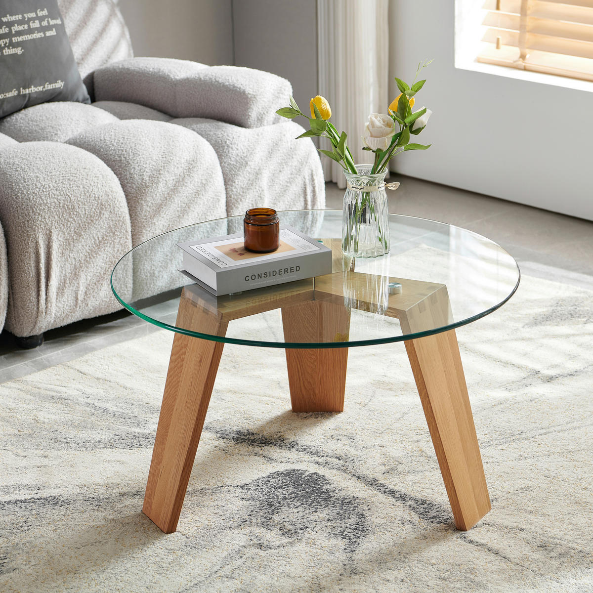 COUCHTISCH Eiche massiv ESG rund Klar, Naturfarben  - Klar/Naturfarben, Design, Glas/Holz (70/39.5/70cm) - Livetastic