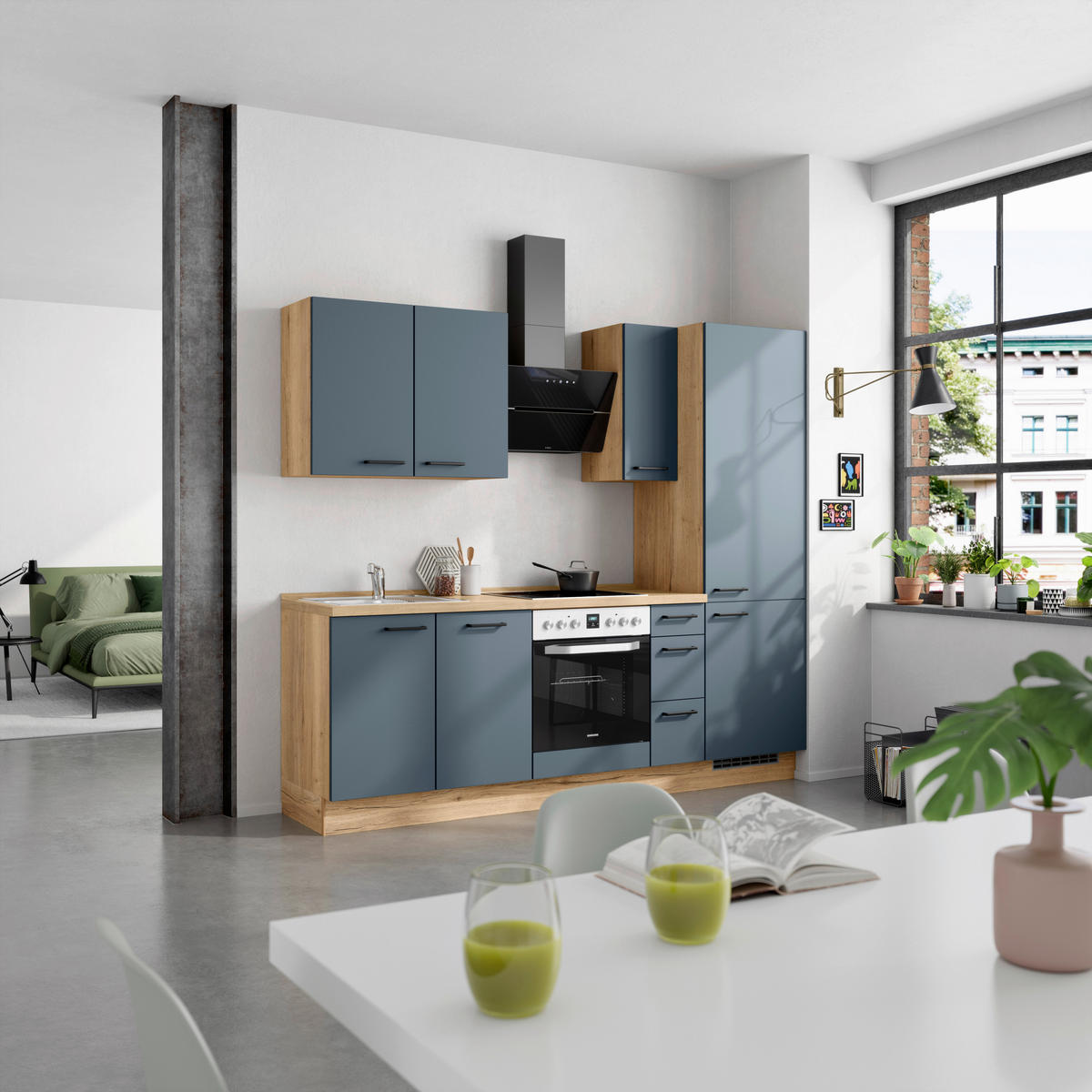 KÜCHENBLOCK Easytouch 240 cm  in Eichefarben, Dunkelblau  - Eichefarben/Schwarz, MODERN, Holzwerkstoff/Metall (240cm) - Nobilia