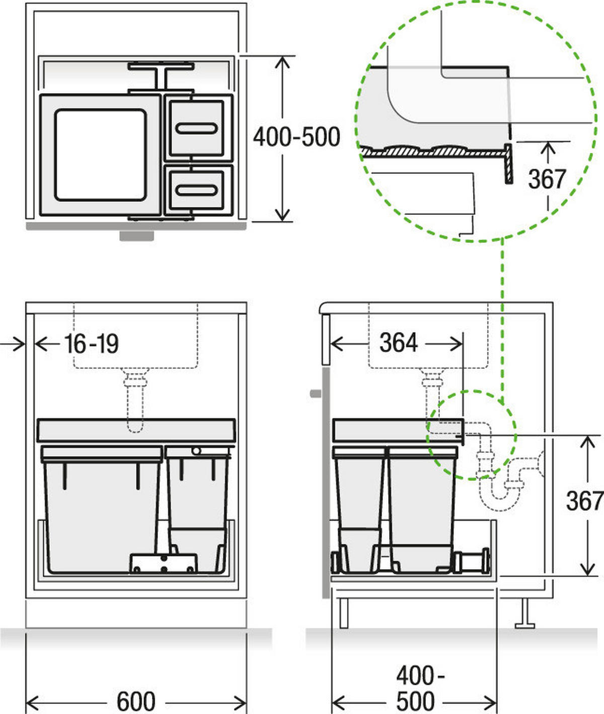 EINBAUABFALLSAMMLER 35L+8L+5L+1L+0,5L l  Kunststoff  - Grau, Basics, Kunststoff (56,8/36,8/41,4cm) - HKT