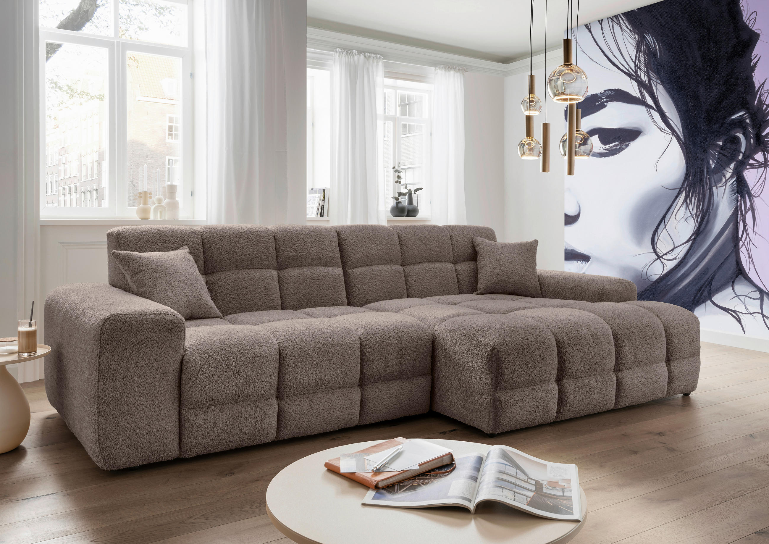 ECKSOFA in Bouclé Taupe  - Taupe/Schwarz, Modern, Kunststoff/Textil (301/152cm) - Livetastic