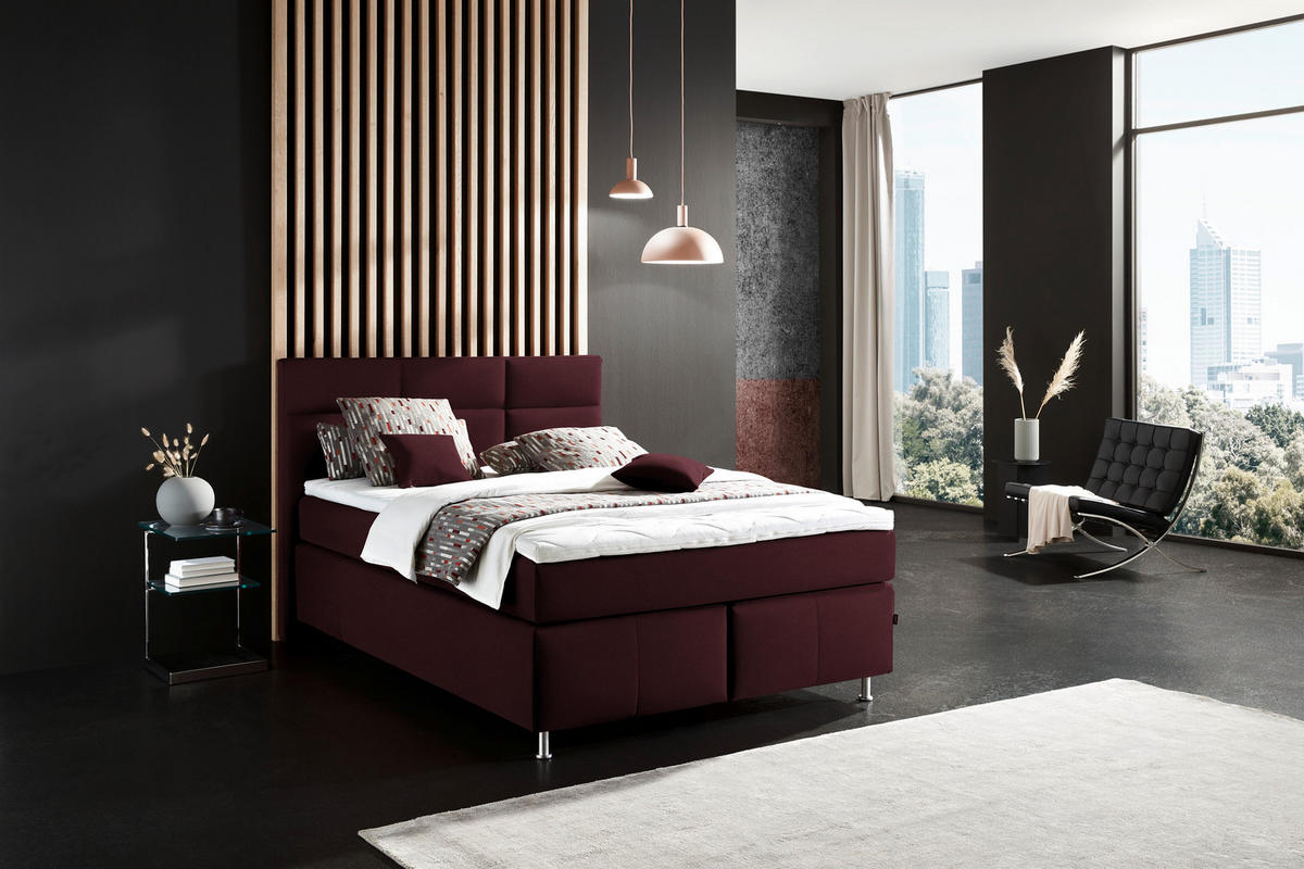 BOXSPRINGBETT 140/200 cm  in Bordeaux  - Bordeaux/Alufarben, Konventionell, Textil/Metall (140/200cm) - Dieter Knoll