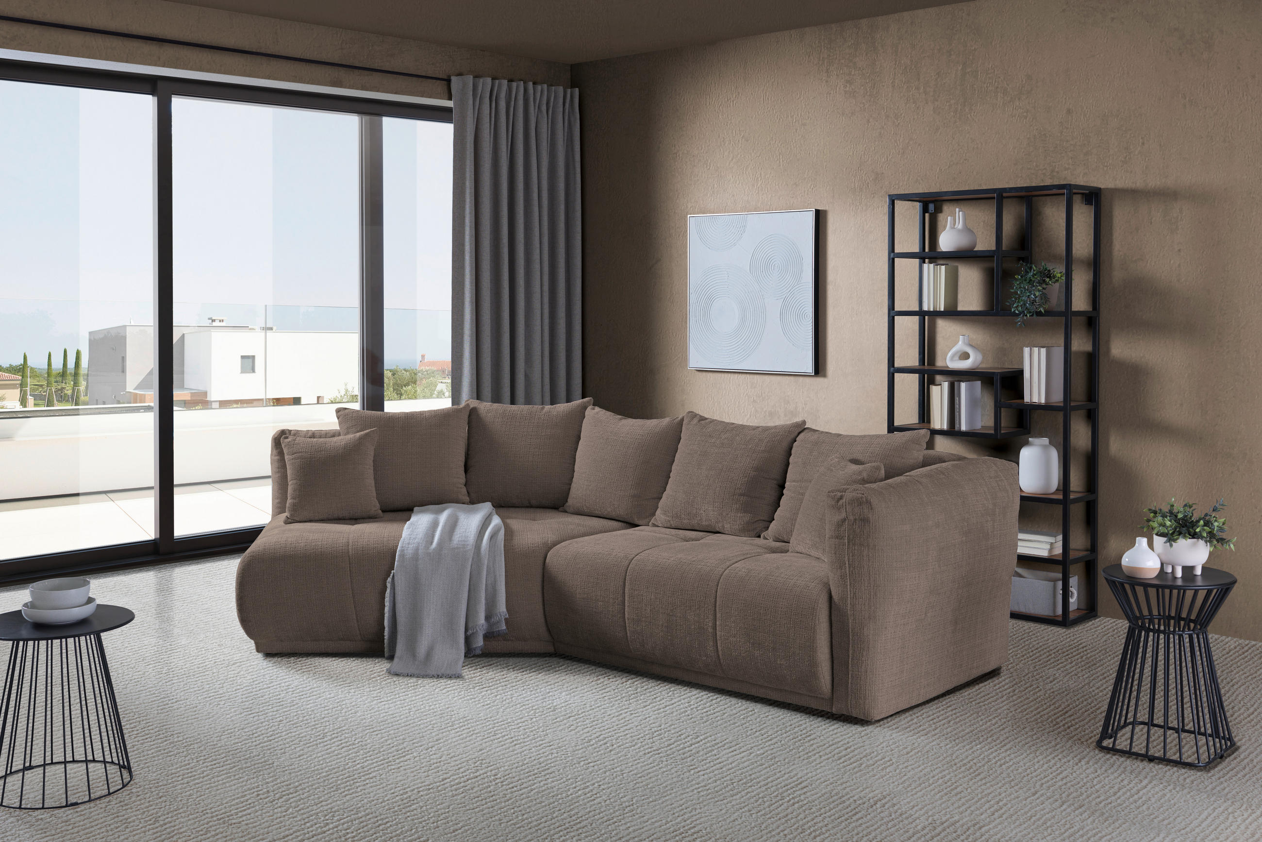 ECKSOFA Taupe Chenille  - Taupe/Schwarz, MODERN, Kunststoff/Textil (180/315cm) - Hom`in