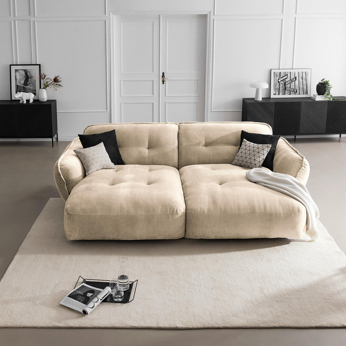 BIGSOFA in Chenille Creme  - Creme/Schwarz, Modern, Kunststoff/Textil (285/87/184cm) - Trendmanufaktur