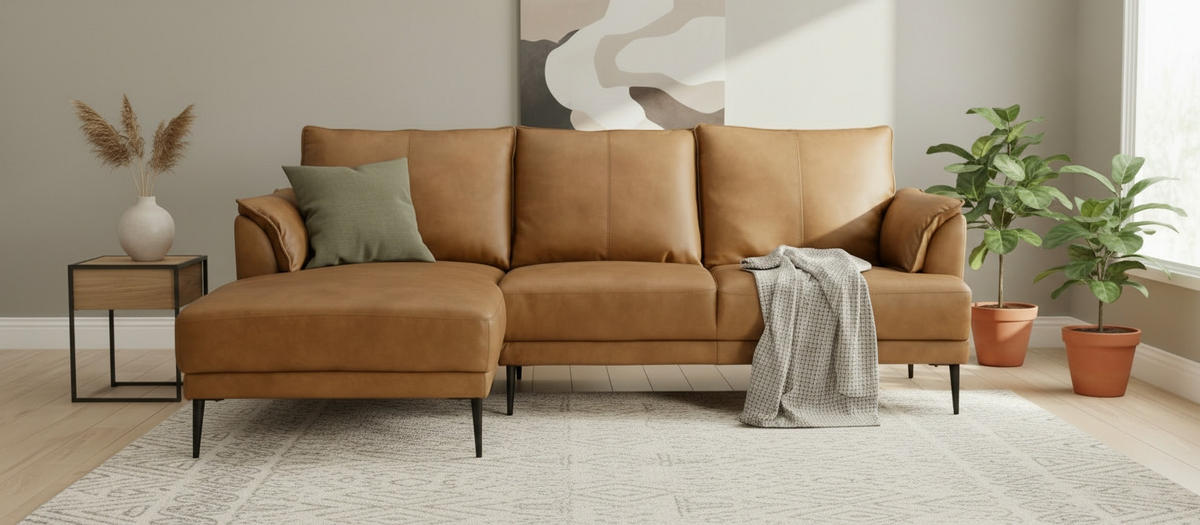 KUTNA GARNITURA koža  konjak   - crna/konjak, Design, koža/tekstil (153/233cm) - Livetastic