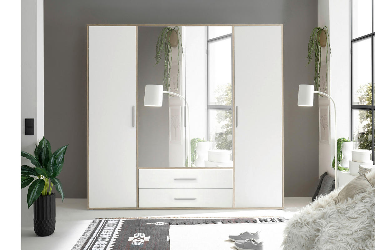 KLEIDERSCHRANK 206/195/60 cm 4-türig Weiß, Alufarben, Eiche San Remo  - Alufarben/Weiß, KONVENTIONELL, Glas/Holzwerkstoff (206/195/60cm) - Boxxx