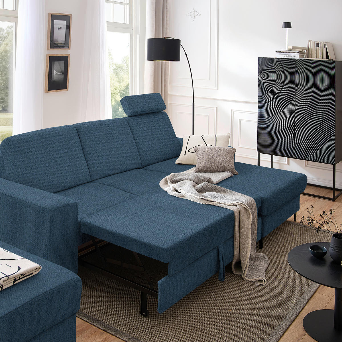 ECKSOFA in Webstoff Blau  - Blau/Schwarz, KONVENTIONELL, Textil/Metall (247/167cm) - Stylife