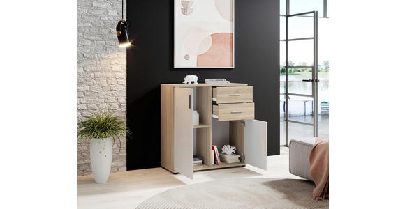 KOMMODE 80/82/35 cm in Weiß, Sonoma Eiche - Silberfarben/Schwarz, KONVENTIONELL, Holzwerkstoff/Kunststoff (80/82/35cm) - Carryhome