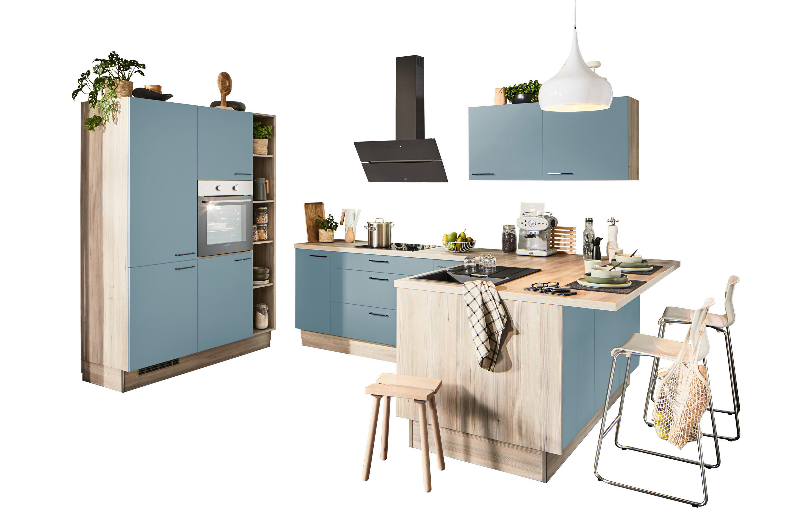ECKKÜCHE  in Pastellblau, Tannenholzfarben  - Pastellblau/Tannenholzfarben, Design, Holzwerkstoff/Metall (150/280/121,6cm) - Xora