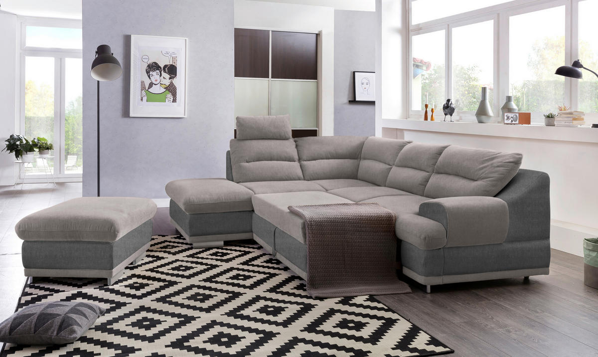 WOHNLANDSCHAFT in Velours Grau, Hellgrau  - Chromfarben/Hellgrau, Konventionell, Textil/Metall (217/264cm) - MID.YOU