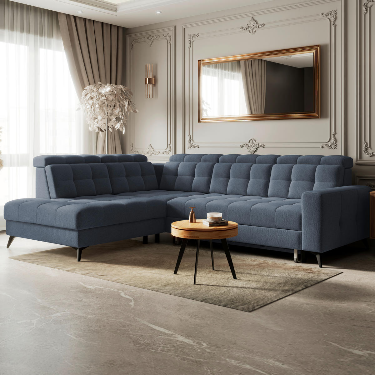 ECKSOFA BARLETTA NEW Blau Velours Bettkasten, Kopfteilverstellung, Sitztiefenverstellung, Liegefläche im Originalstoff  - Blau/Schwarz, ROMANTIK / LANDHAUS, Textil/Metall (228/289cm) - MID.YOU