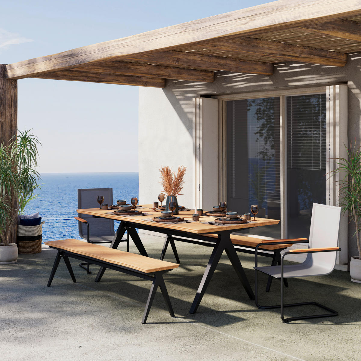 GARTENBANK 180/45/38 cm Teakholz  Stahl  - Schwarz/Teakfarben, MODERN, Holz/Metall (180/45/38cm) - Ambia Garden