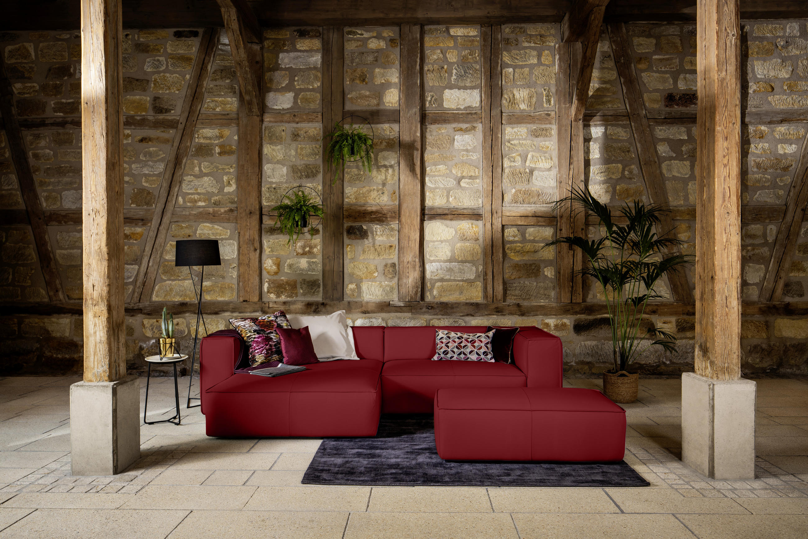 ECKSOFA in Echtleder Dunkelrot  - Schwarz/Dunkelrot, Modern, Leder/Kunststoff (164/300cm) - W.Schillig