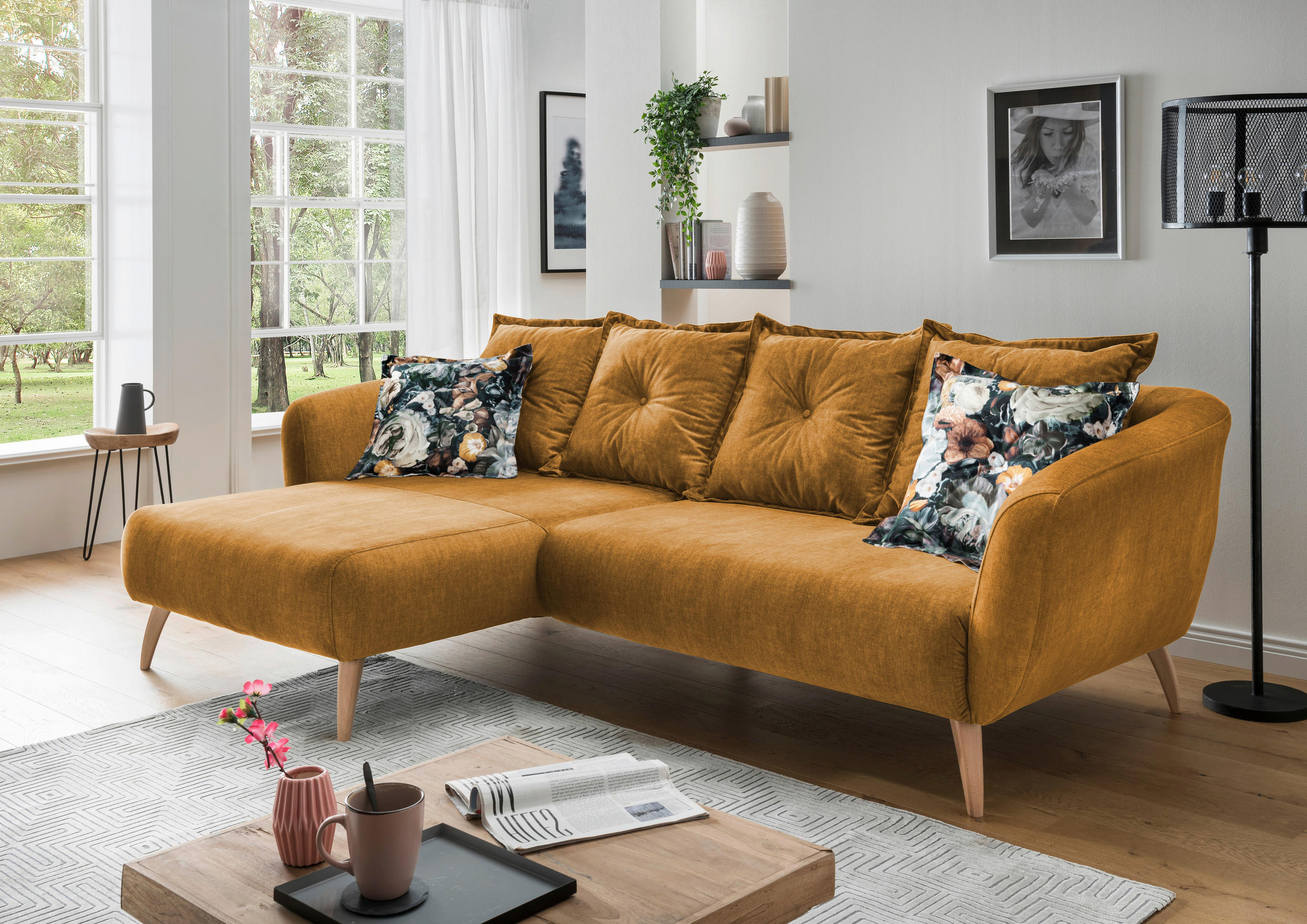 ECKSOFA Gelb, Multicolor Velours  - Gelb/Buchefarben, MODERN, Holz/Textil (162/277cm) - Livetastic