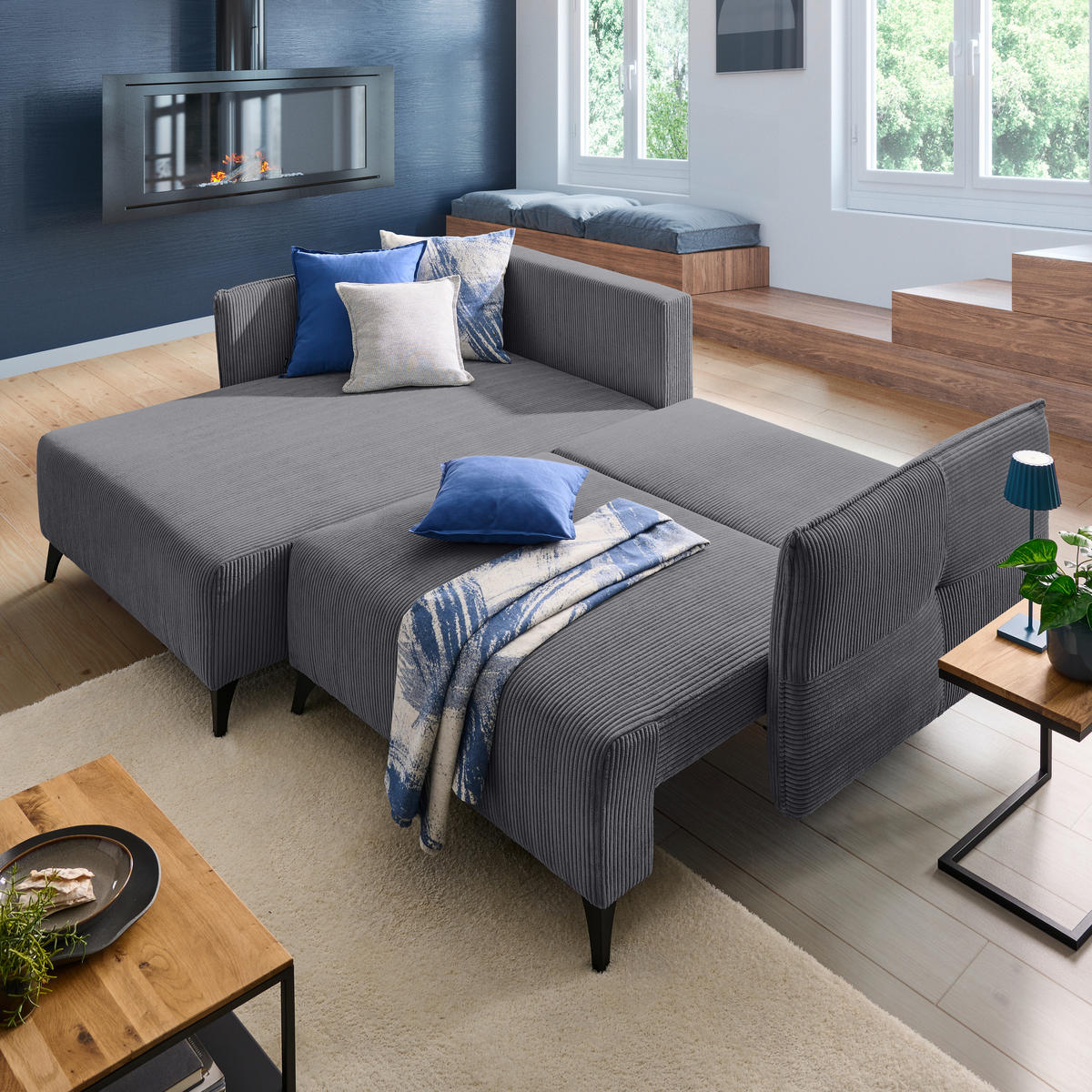 ECKSOFA Graphitfarben Cord  - Schwarz/Graphitfarben, Design, Textil/Metall (175/254cm) - Stylife