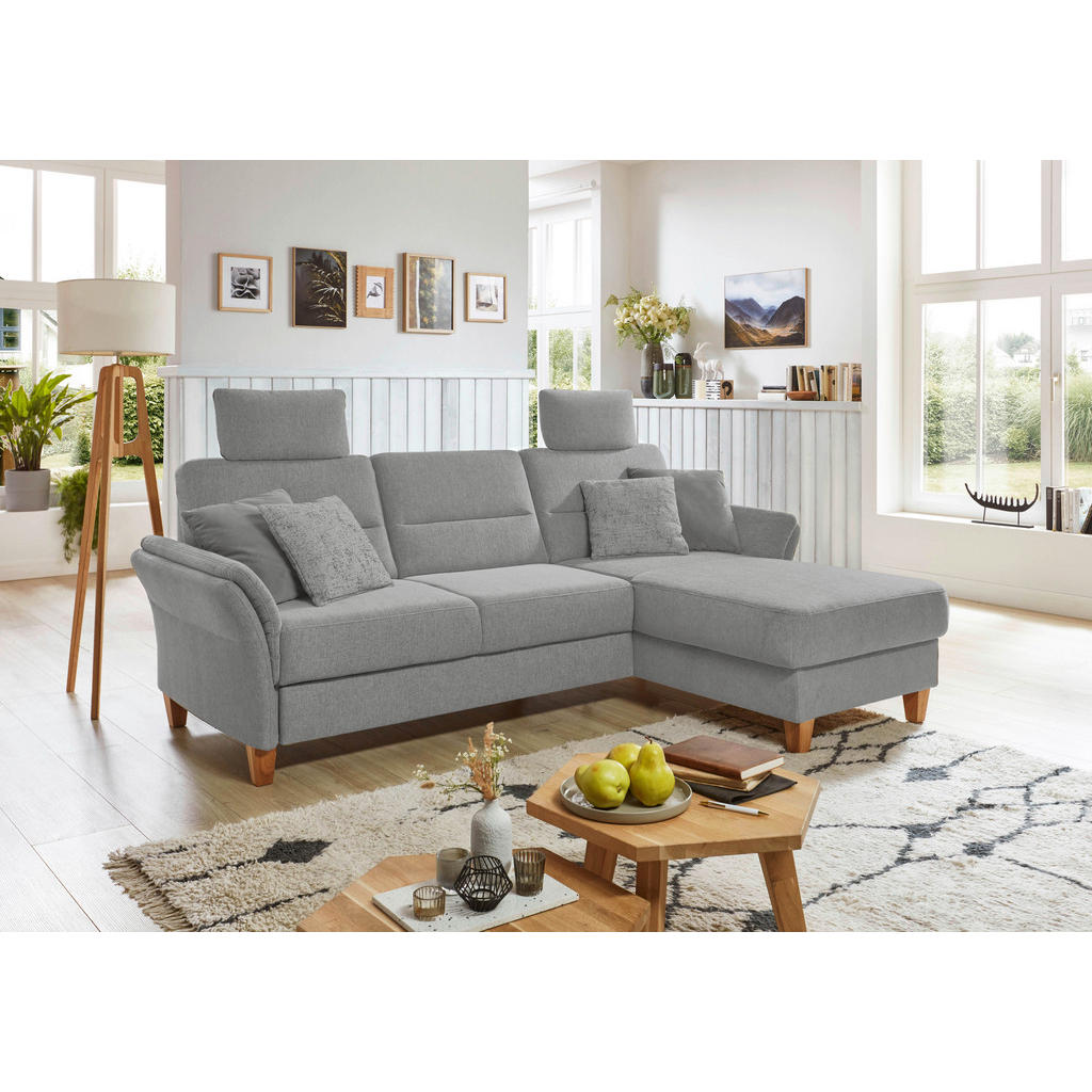 Thumbnail - Cantus Ecksofa, Hellgrau, Textil, Buche, massiv, 3-Sitzer, Ottomane rechts, L-Form, 252x162 cm, Made in EU, Rücken echt,...
