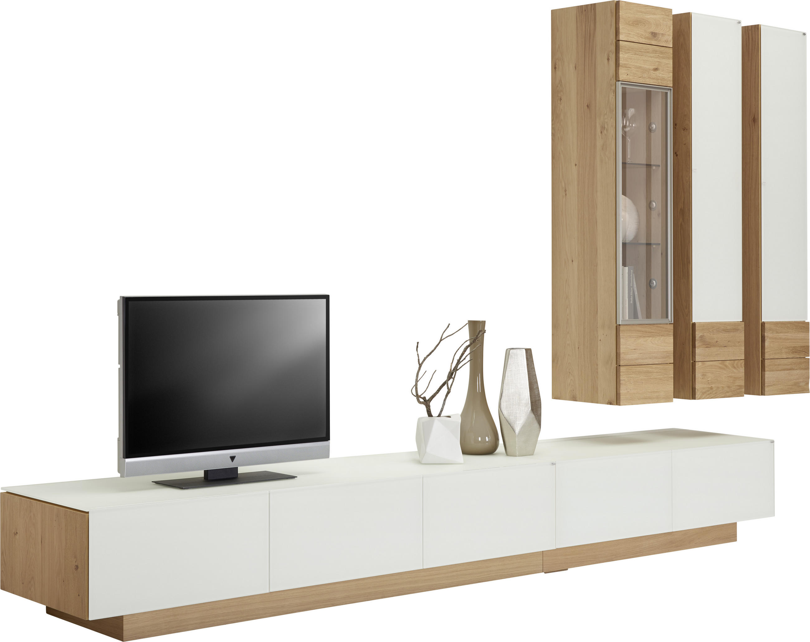 WOHNWAND Vmontanara  in Weiß, Eichefarben  368/218/54,1 cm  - Eichefarben/Weiß, Design, Glas/Holz (368/218/54,1cm) - Voglauer