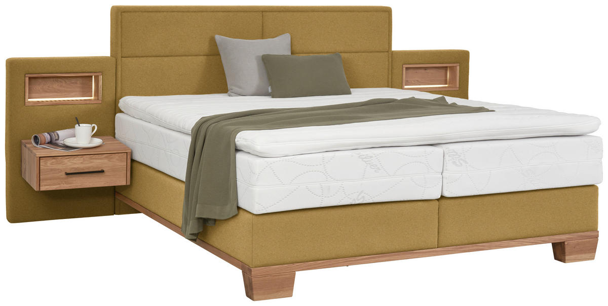 BOXSPRINGBETT 180/200 cm,  in Eichefarben, Olivgrün, Matratze, Topper, unterschiedliche Matratzenhärtegrade je Bettseite, H3 + H4 = fest + sehr fest  - Eichefarben/Olivgrün, Natur, Holz/Textil (180/200cm) - Valnatura