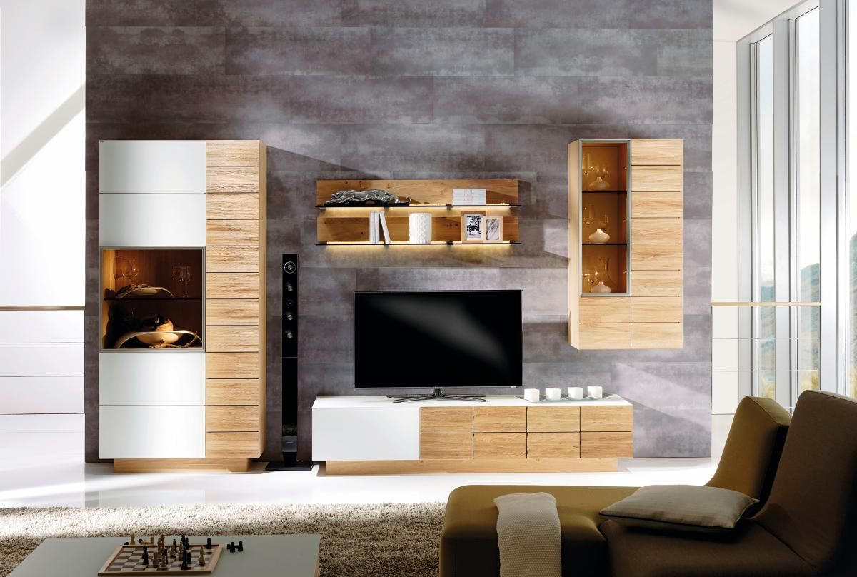 WOHNWAND Vmontanara  in Weiß, Eichefarben  352/202/55 cm  - Eichefarben/Weiß, Design, Glas/Holz (352/202/55cm) - Voglauer