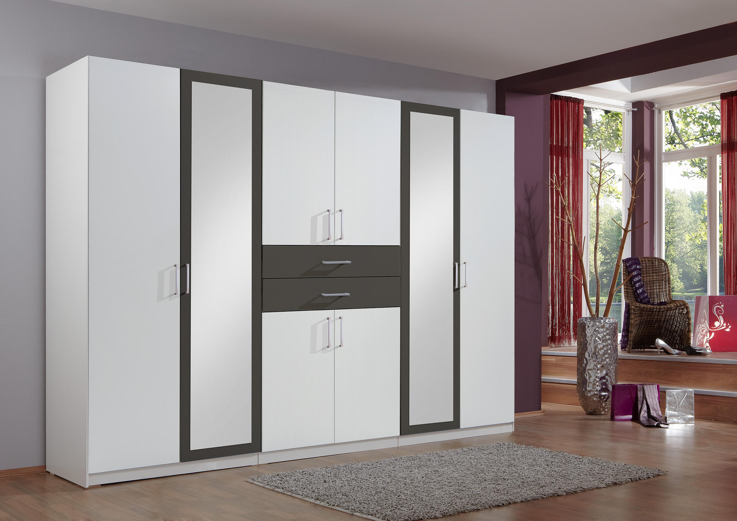 OMARA ZA OBLAČILA, barve grafita, bela  - bela/barve aluminija, Design, umetna masa/steklo (270/210/58cm) - Hom`in