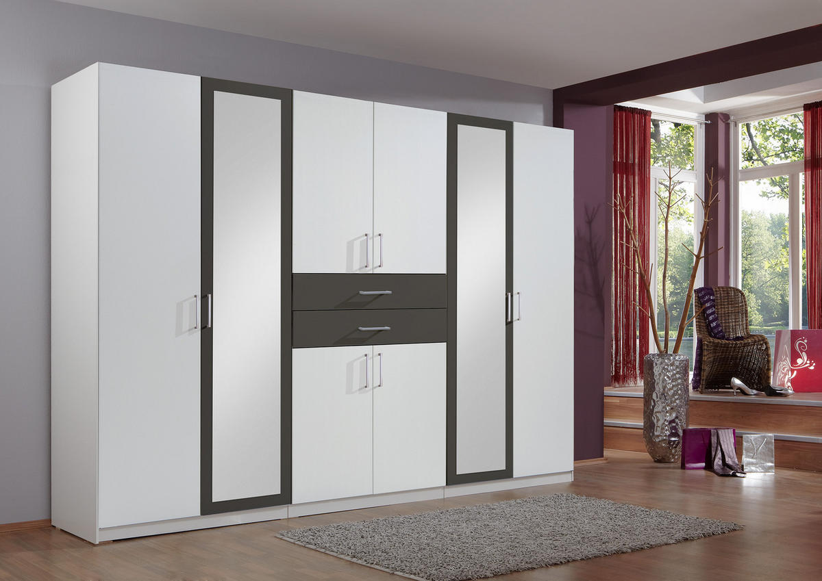 OMARA ZA OBLAČILA, barve grafita, bela  - bela/barve aluminija, Design, umetna masa/steklo (270/210/58cm) - Hom`in
