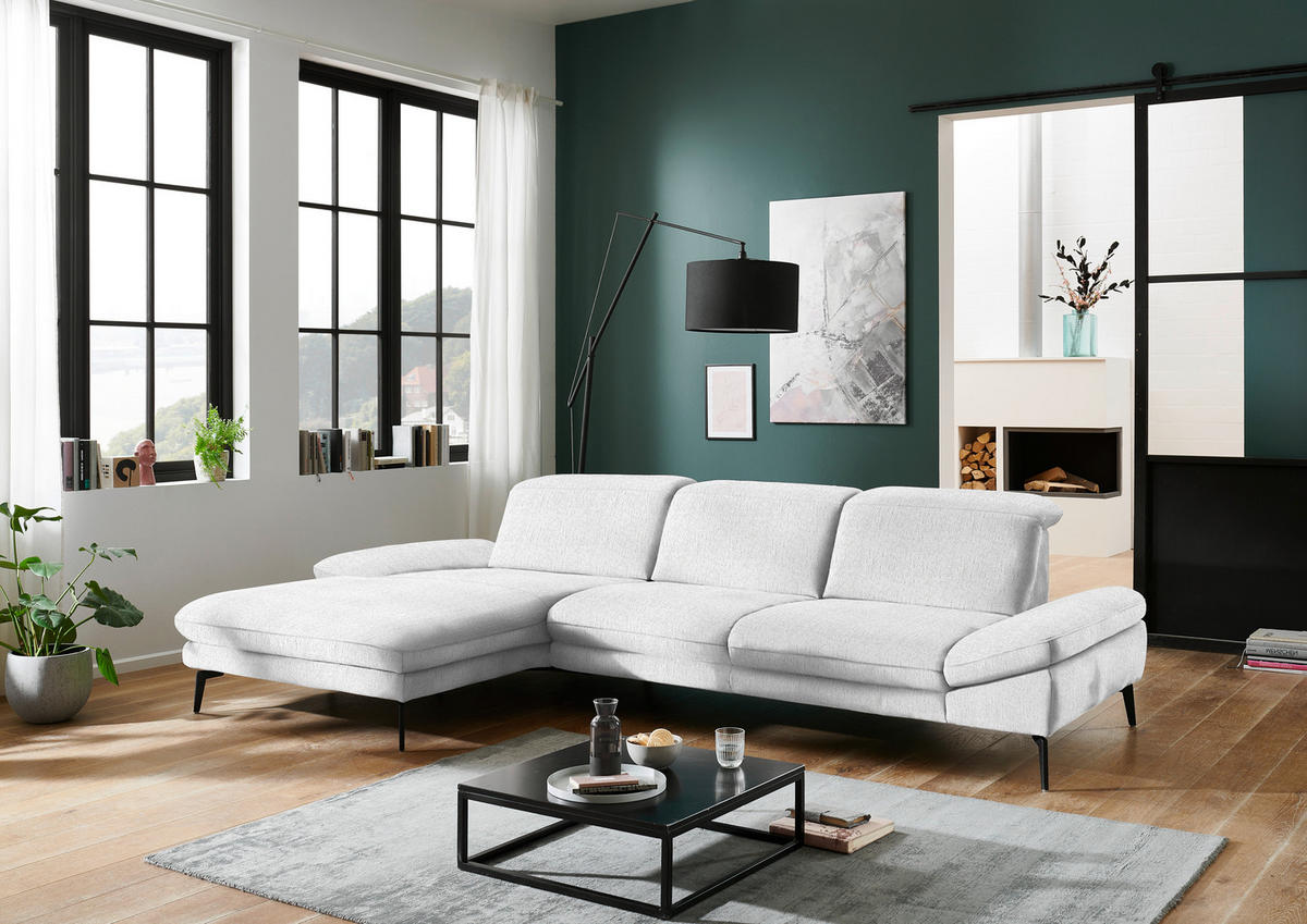 ECKSOFA in Chenille Weiss  - Weiss/Schwarz, Design, Textil/Metall (188/319cm) - Beldomo System