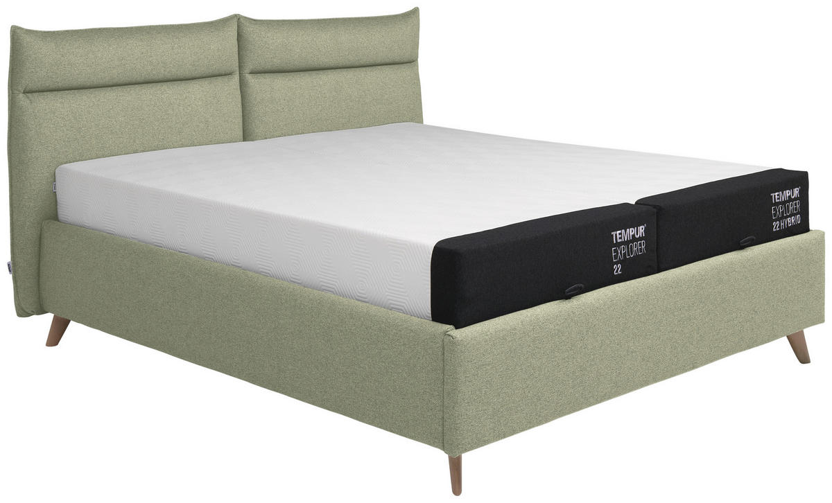 BETT MIT MATRATZEN SOFT+MEDIUM 180/200 cm  Mintgrün  - Graublau/Buchefarben, Konventionell, Holz/Textil (180/200cm) - Tempur