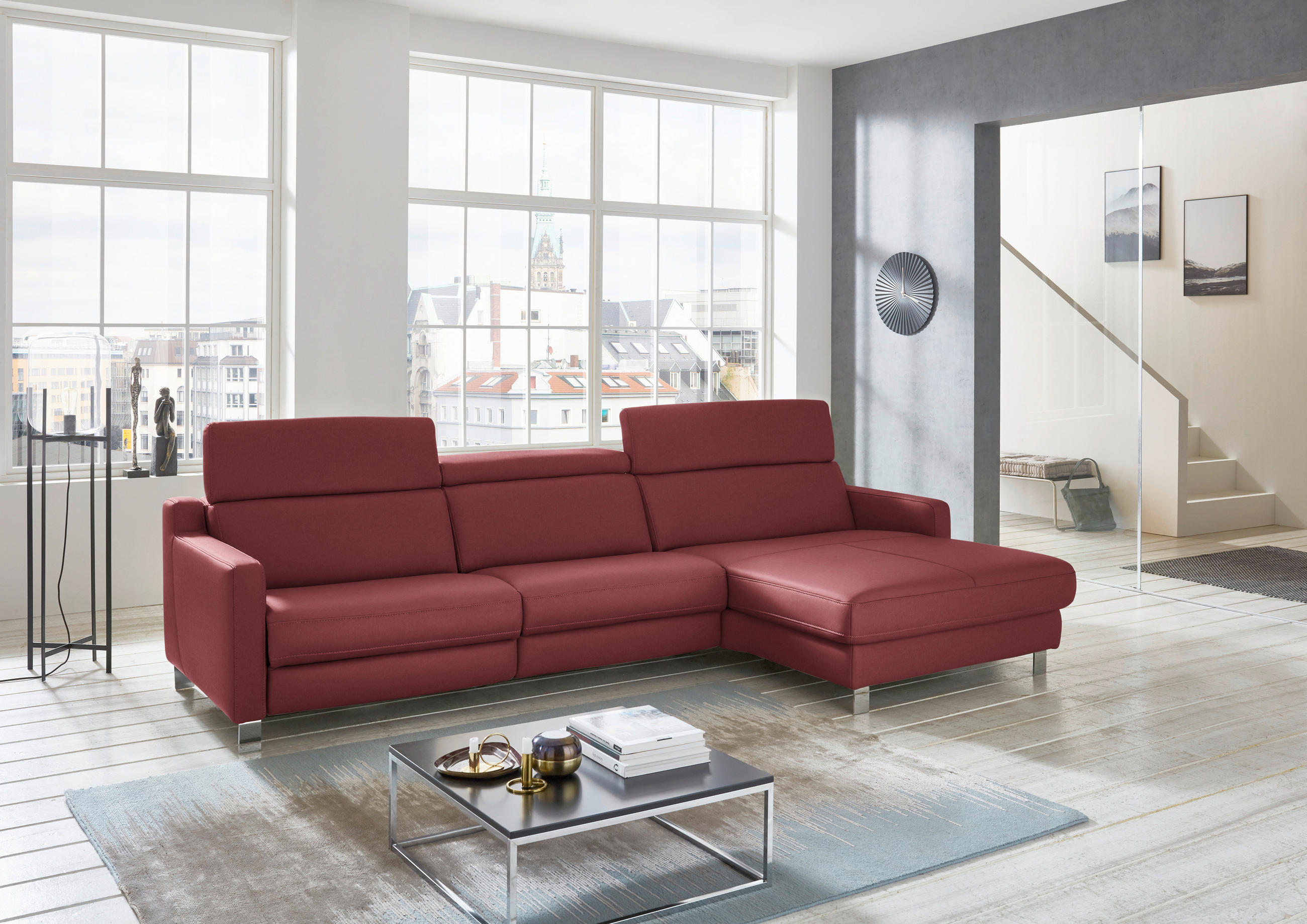 ECKSOFA in Echtleder Dunkelrot  - Chromfarben/Dunkelrot, Design, Leder/Metall (291/176cm) - Valdera