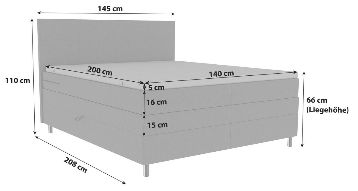 BOXSPRINGBETT 140/200 cm,  in Hellgrau, Bettkasten, Topper, Matratzen, H3 = fest  - Chromfarben/Hellgrau, KONVENTIONELL, Kunststoff/Textil (140/200cm) - Boxxx