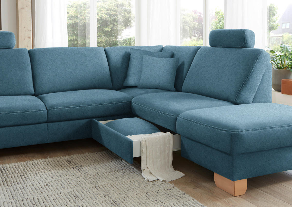 ECKSOFA in Mikrofaser Blau  286/236 cm  - Wildeiche/Blau, Natur, Holz/Textil (286/236cm) - Voleo
