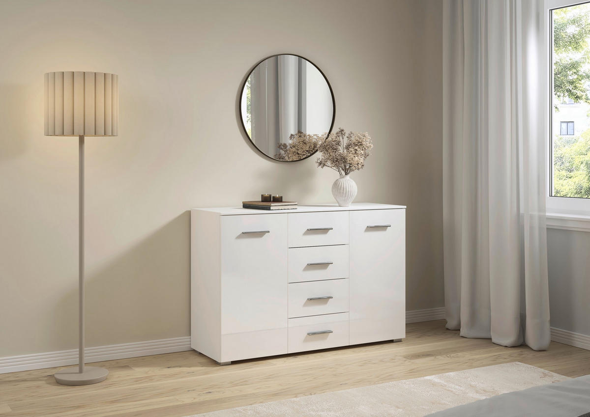 SIDEBOARD  120/81/42 cm 4 Schublade(n)  - Weiß Hochglanz/Alufarben, KONVENTIONELL, Holzwerkstoff/Kunststoff (120/81/42cm) - home24