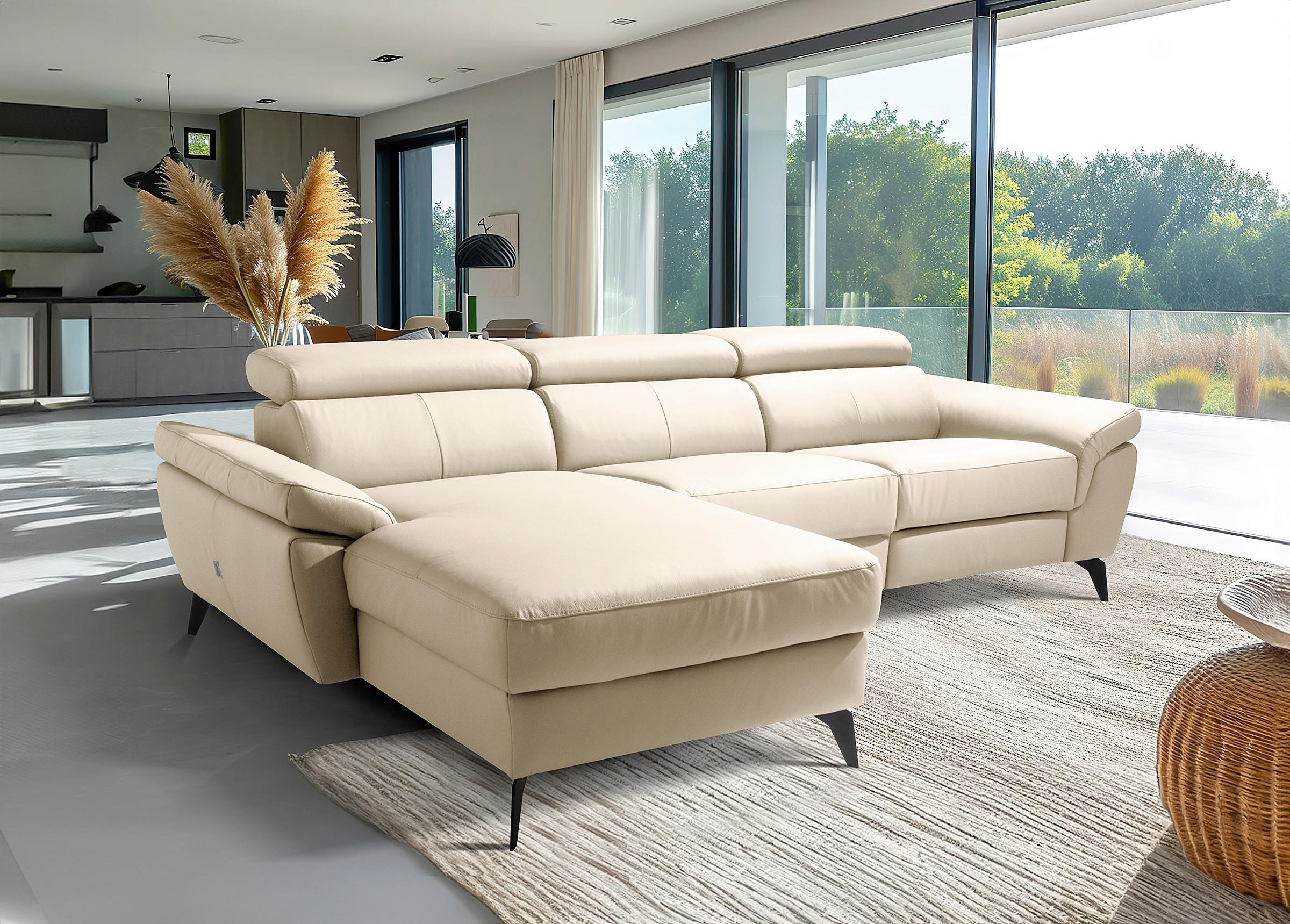 ECKSOFA SONO in Lederlook Echtleder Grau Bettkasten, Armteilverstellung, Kopfteilverstellung  179/252 cm  - Schwarz/Grau, Design, Leder/Textil (179/252cm) - Livetastic