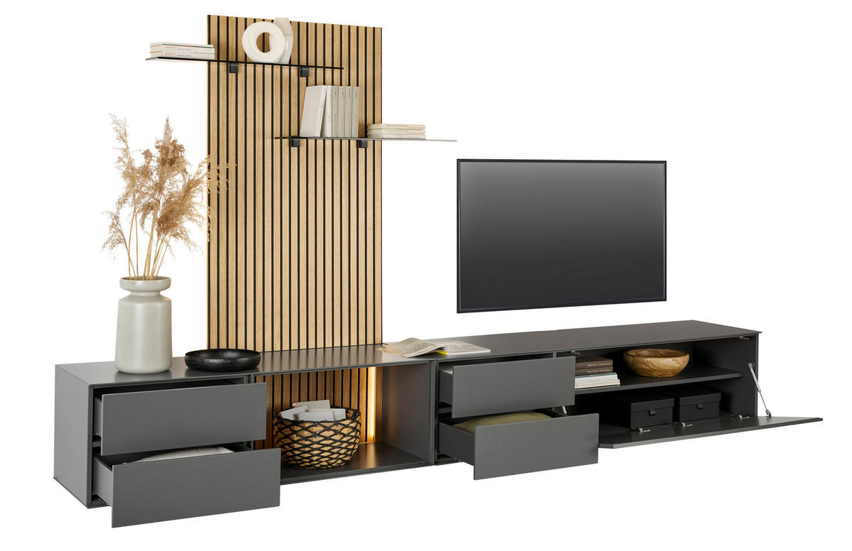 WOHNWAND  in Anthrazit, Eichefarben  321/160/50 cm  - Eichefarben/Anthrazit, Design, Glas/Holz (321/160/50cm) - Dieter Knoll