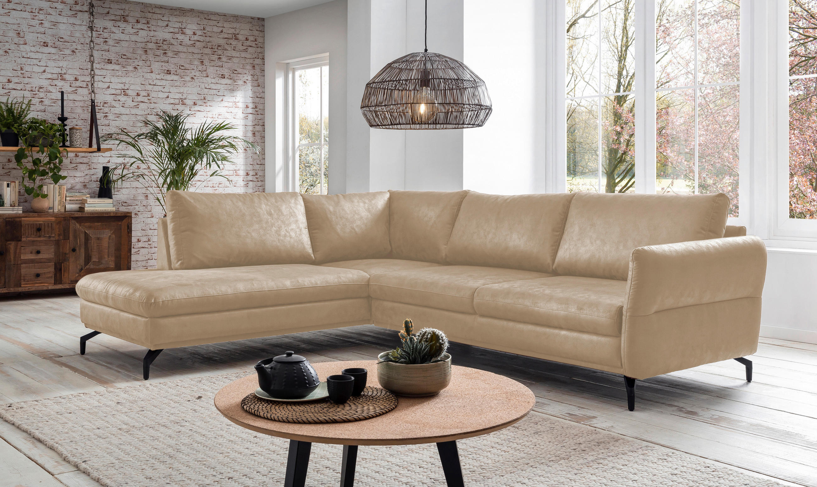 ECKSOFA Creme Lederlook  - Creme/Schwarz, Design, Textil/Metall (273/218cm) - Livetastic